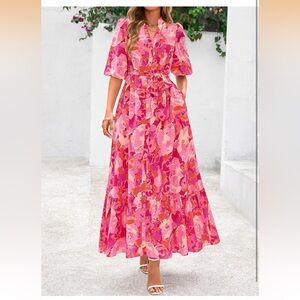 Floral Pink Tie-Waist Maxi Dress